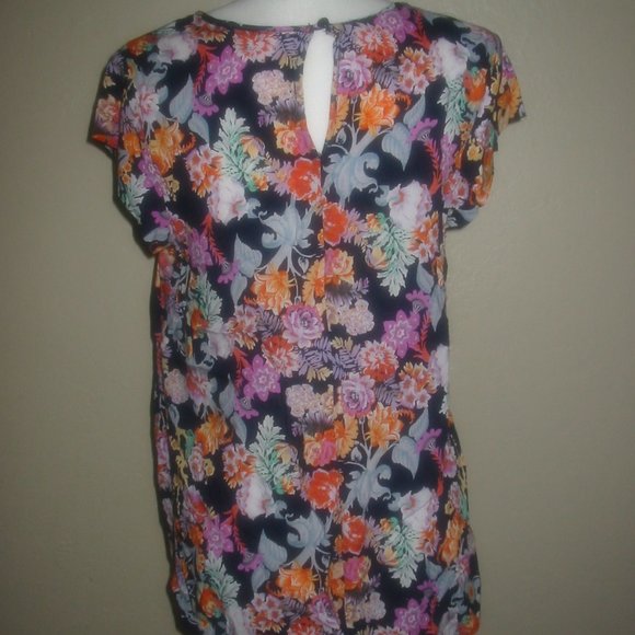 Kenar Navy Floral Print Short Sleeve Rayon Blouse Size Large L - Picture 4 of 5